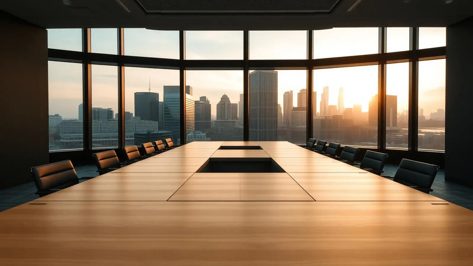 Boardroom overlooking a capital city skyline at golden hour